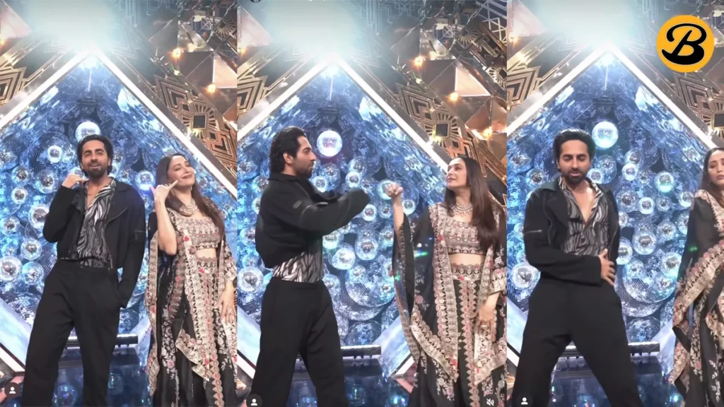 Ayushmann Khurrana and Madhuri Dixit on stage performing the song Aap Jaisa Koi from An Action Hero